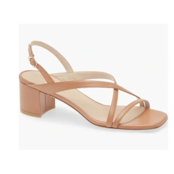 Stuart Weitzman Oasis 50MM Leather Tan Sandals Block Heels Size 36 US 5.5 - Picture 1 of 7
